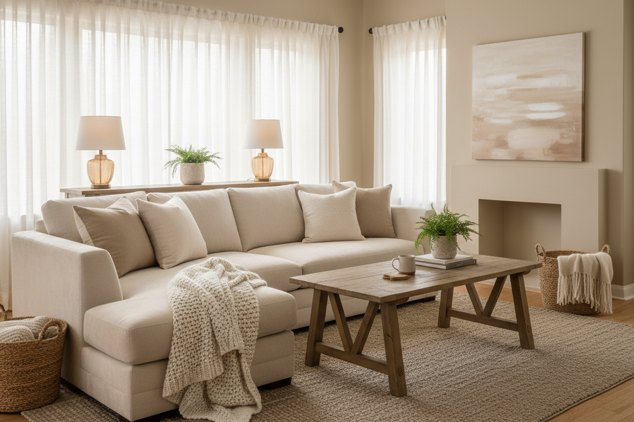 cozy aesthetic living room, warm beige tone